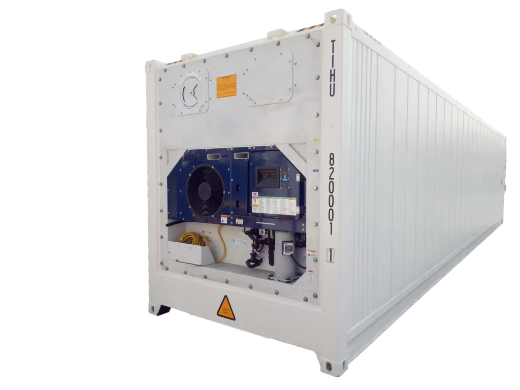 40-foot high cube reefer container used for temperature-controlled transport of tall or high-volume perishable cargo.