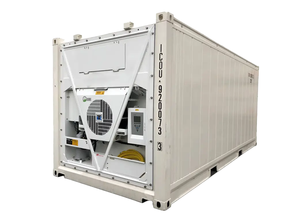 40-foot standard reefer container used for temperature-controlled shipping of perishable goods.