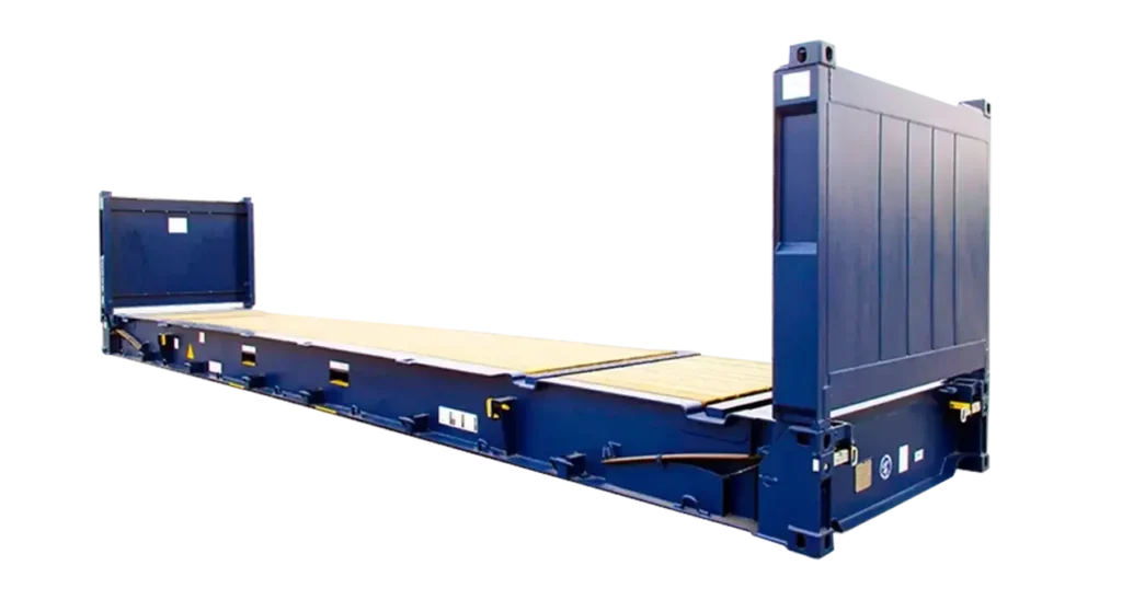 Flat rack shipping container designed for oversized or heavy cargo that requires loading from the sides or top.