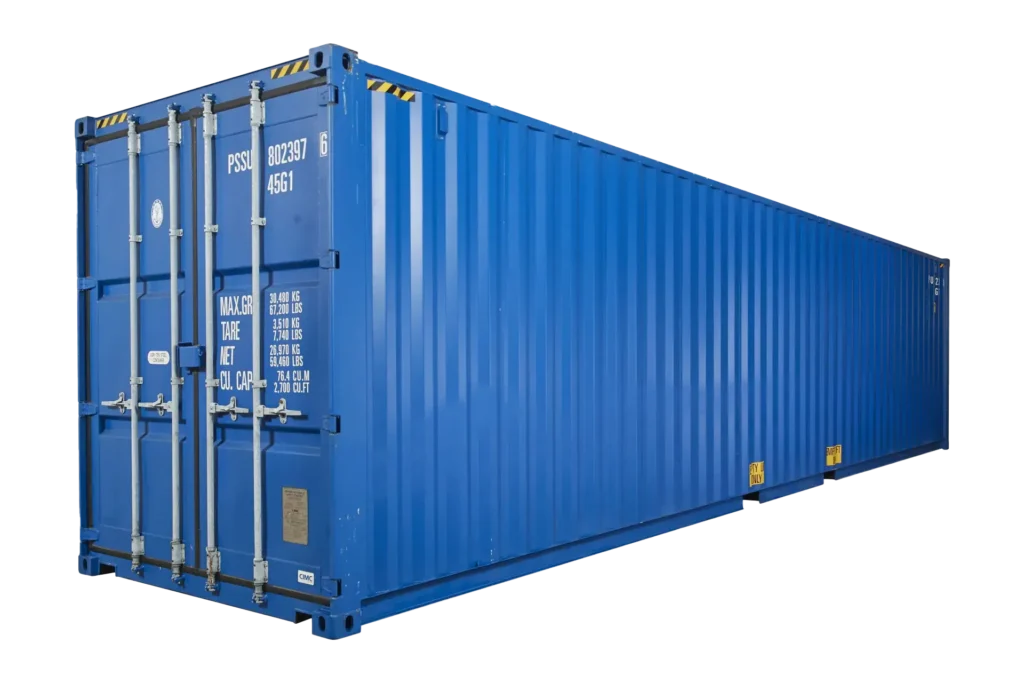 High cube dry shipping container used for international freight transport, offering extra height and capacity for oversized cargo.