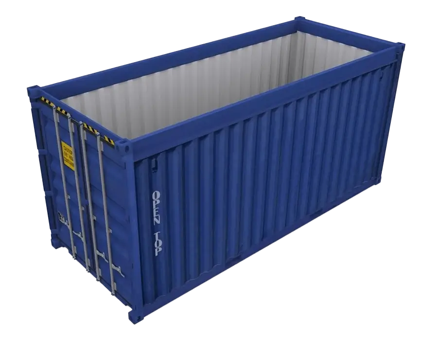 Open top shipping container designed for loading oversized or heavy cargo from the top.