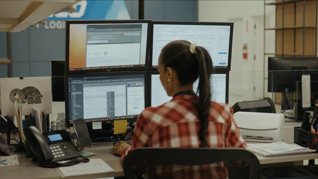 A team member reviews cargo data and logistics software across four computer monitors inside the Draco Freight Logistics operations office.
