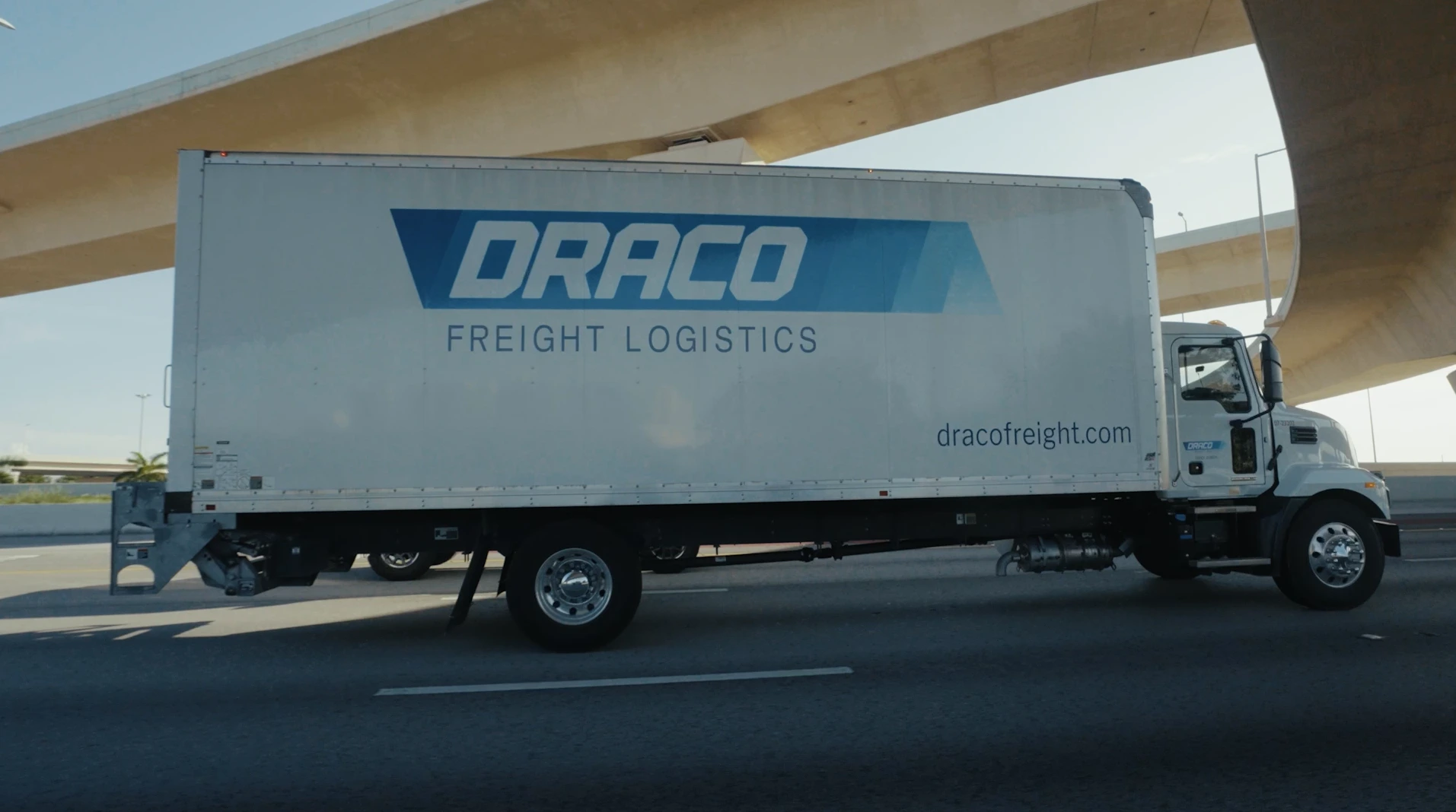 Draco Freight Logistics truck driving under a highway overpass, representing dependable ground freight transportation services.