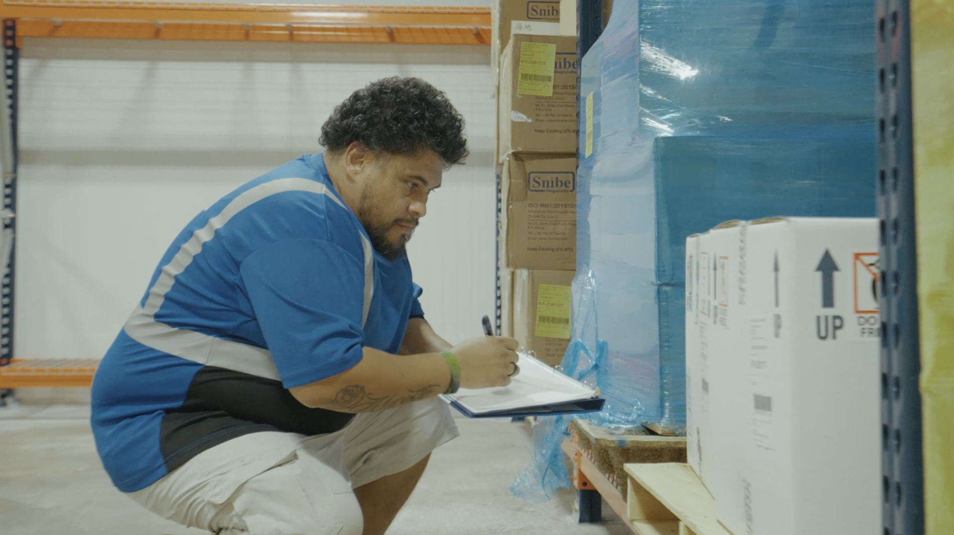 Warehouse worker inspecting and recording temperature-sensitive pharmaceutical inventory inside cold storage at Draco Freight Logistics.