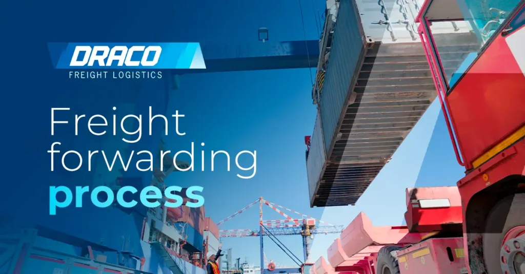 Featured image for Draco Freight Logistics titled 'Freight forwarding process.' The graphic shows a sunny port scene with a crane lowering a shipping container onto a red truck, while a port worker in a hard hat and safety vest directs the operation